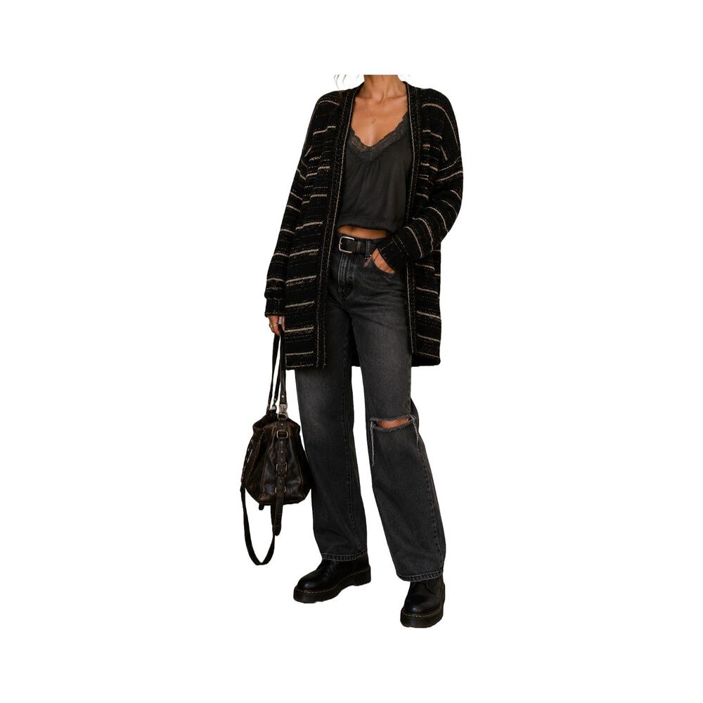 ModCloth Black Metallic Striped Cardigan Fuzzy Open Front Sweater S Soft Grunge - Picture 6 of 6